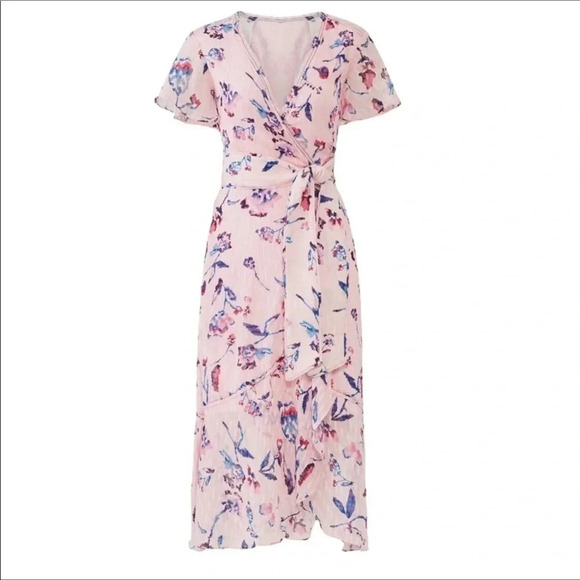Tanya Taylor Blaire Pink Floral Silk Ruffle MIDI Dress Faux Wrap Flowers 2 - Picture 4 of 12